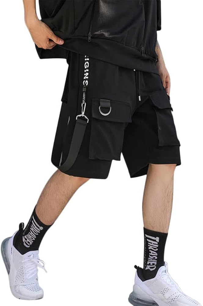 Men's Techwear Shorts Goth Cyberpunk Streetwear Shorts Punk Japanese Shorts Elastic Waist Cargo Casual Shorts