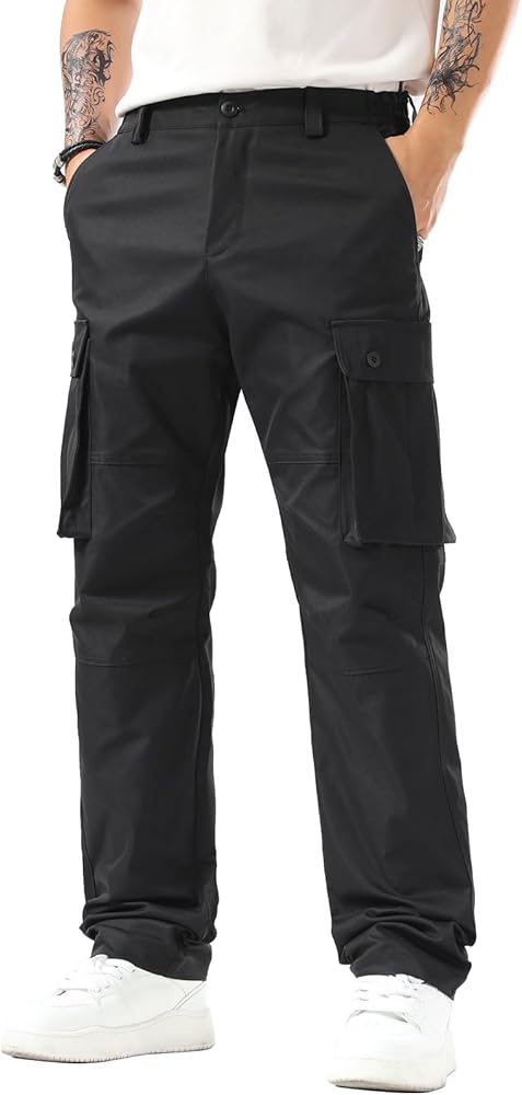 Plaid&Plain Men's Cargo Pants Loose Straight Fit with Multi-pocket and Oversized Belt Loops