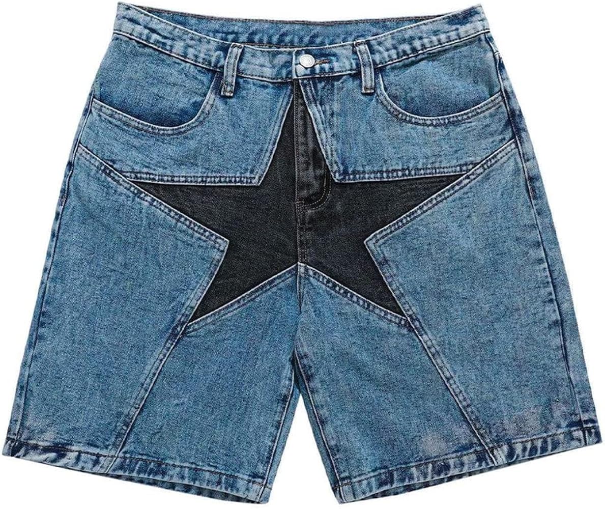 Vamtac Mens Patchwork Denim Shorts Straight Leg Star Jeans Unisex Steetwear Y2K Hip Hop Jorts for Men and Women