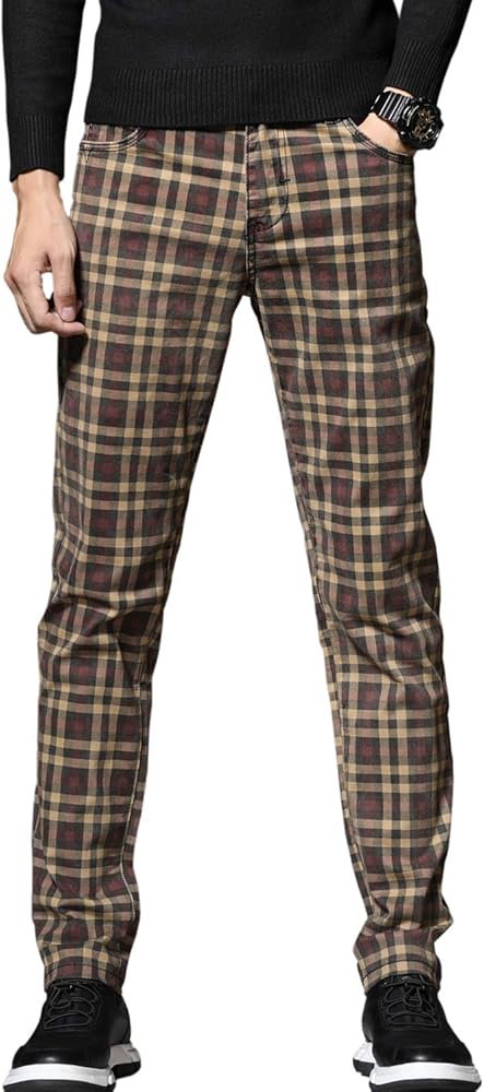 HENGAO Men's Straight Fit Plaid Chino Pants