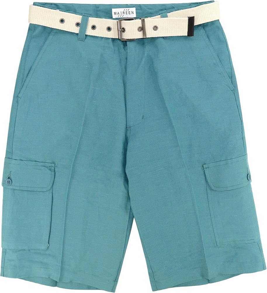 Men’s Linen Cargo Shorts Flat Front Solid Turquoise BLUE Short & Belt