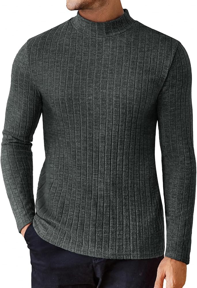 Ekouaer Men's Long Sleeve Shirts Mock Turtleneck Underwear Tops Fleece Ribbed Knit Pullover Sweater Basic Thermal Sweatshirts