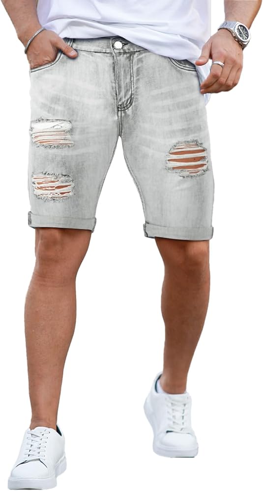 GINGTTO Men's Fashion Ripped Short Jeans Casual Denim Shorts with Hole