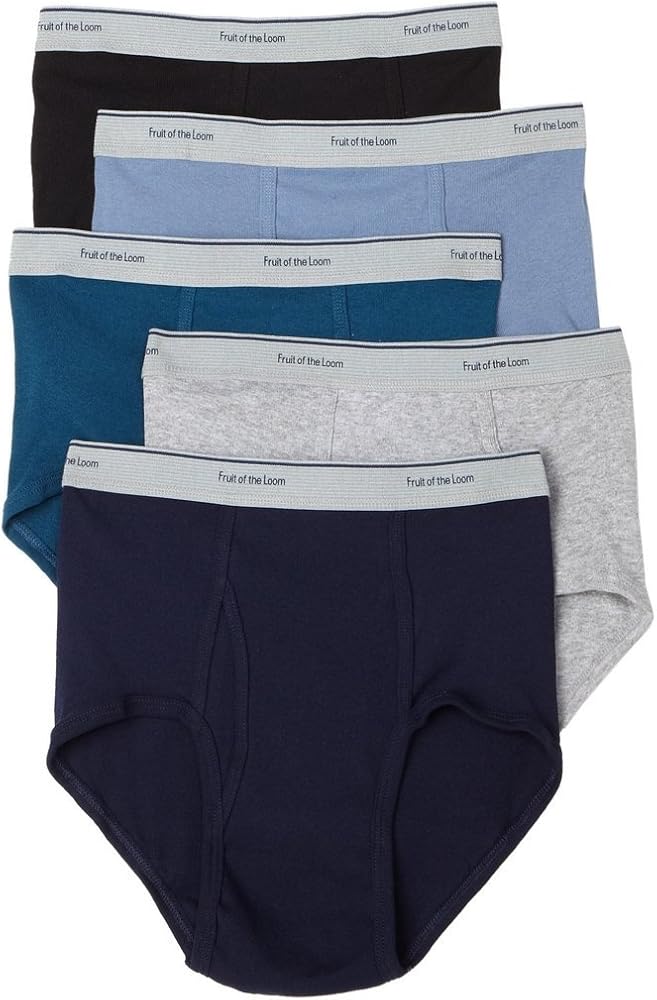 Fruit of the Loom 5 Pk Men's Briefs Stripe/Solid Whit Fashion Plush-Backed Waistband