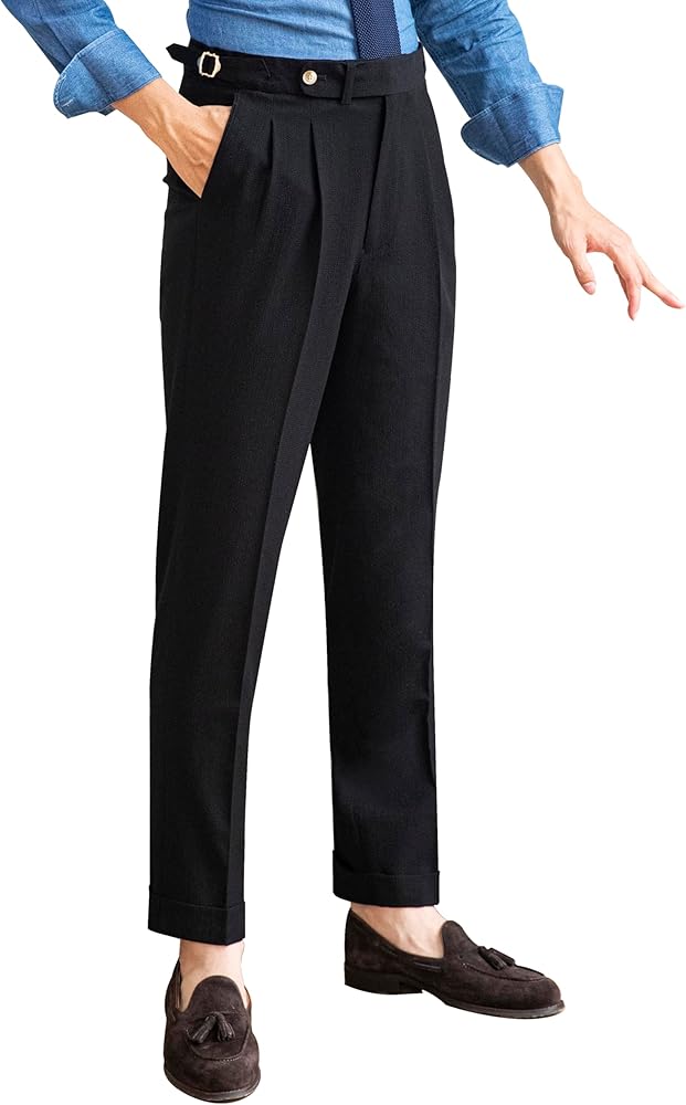 Men's Spring/Summer Thin Style Bubble Fabric Classic Gurkha Naples Italian Style Pants No Belt Required Dress Pants