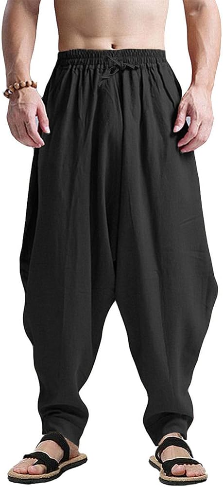 CLANMILUMS Men's Cotton Harem Pants Casual Loose Hippie Drop Crotch Trouser