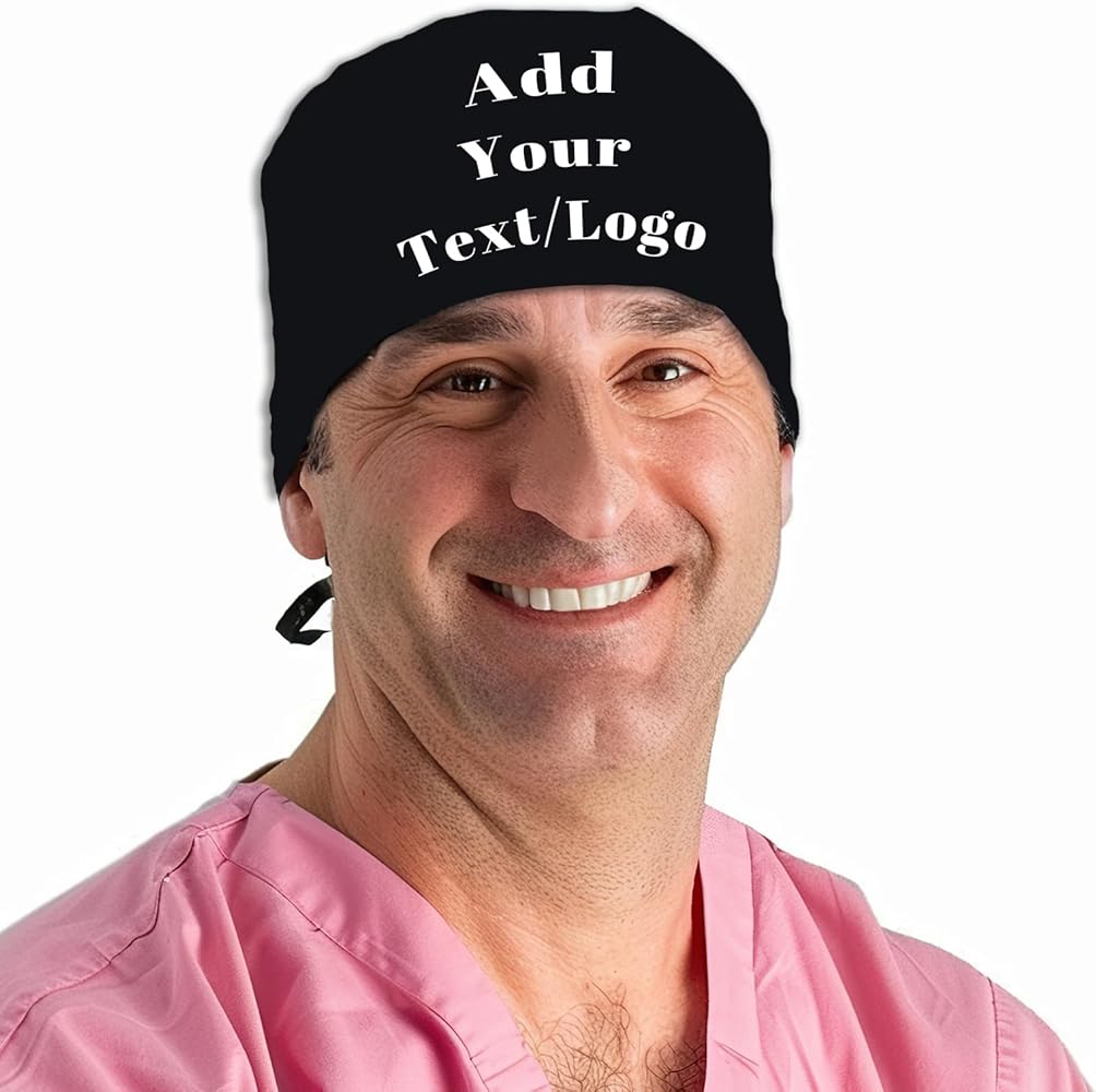 Custom Working Cap Scrub Cap with Your Text Logo Photo, Adjustable Scrub Caps with Sweatband for Men Women, Personalized Customized Design Multiple Colors Optional Black