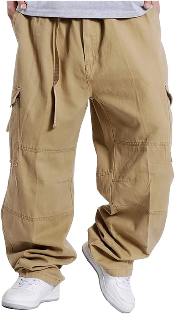 Mens Baggy Cargo Pants Casual Loose Fit Elastic Waist Cotton Twill Cargo Pants