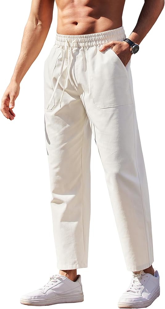 COOFANDY Mens Linen Casual Pants Lightweight Drawstring Beach Pants Elastic Waist Yoga Summer Trousers