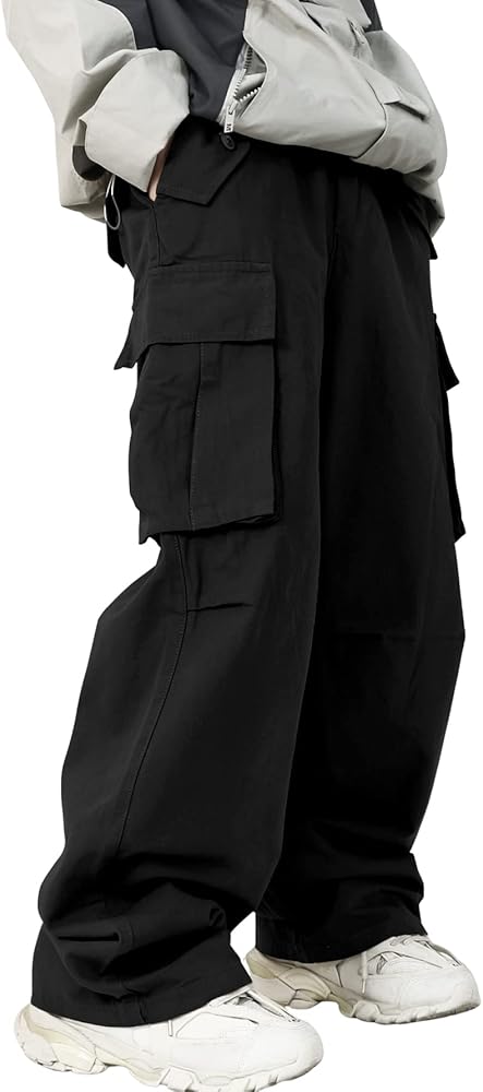 Verdusa Men's Pocket Side Drawstring Elastic Waist Loose Wide Leg Cargo Pants