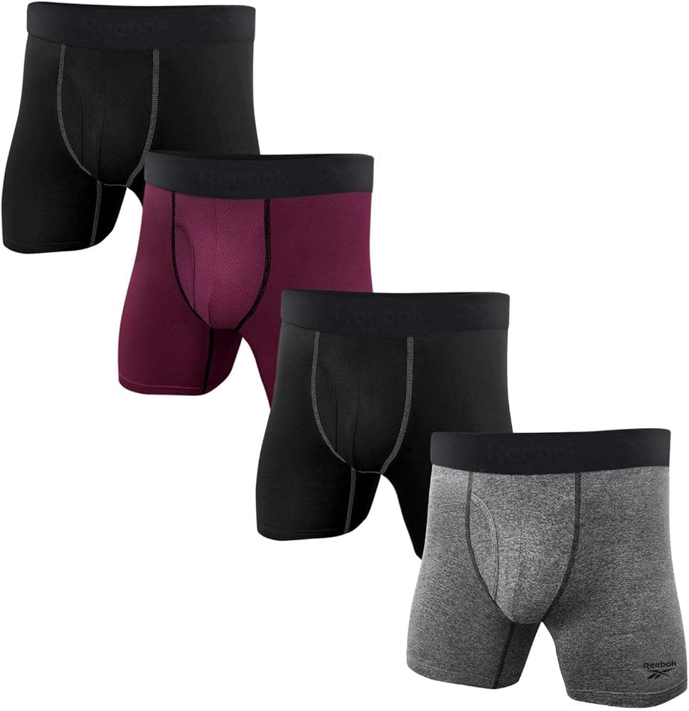 Reebok Mens 4 Pack Performance Boxer Briefs with Comfort Pouch - Black/Fig/Grey/HTR X-Large