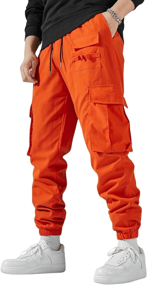 OYOANGLE Men's Drawstring Waist Flap Pocket Jogger Cargo Pants Streetwear Trousers Casual Pants