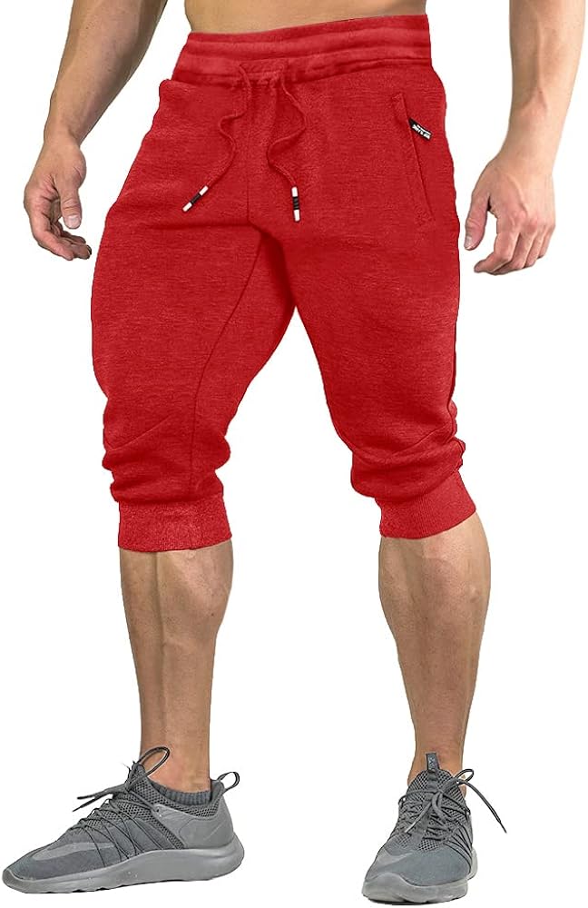 Men's Cotton Casual Shorts 3/4 Jogger Capri Pants Breathable Below Knee Short Pants with Three Pockets