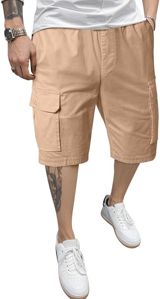 JMIERR Men's Casual Twill Cargo Shorts Cotton Drawstring Stretch Summer Short with Pockets