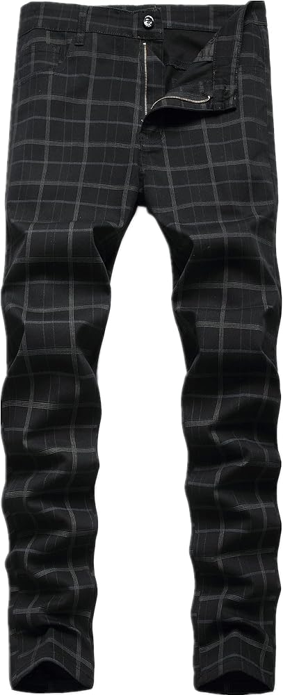 Men's Chino Pants Skinny Fit Plaid Flat-Front Stretch Slim Stylish Casual Business Dress Pants