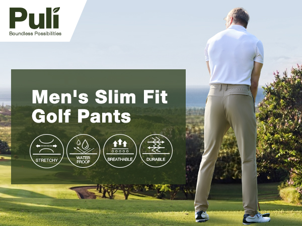 PULI Golf Pants Men Stretch Slim Fit Dress Casual Work Hiking Tapered Waterproof Pants with Pockets