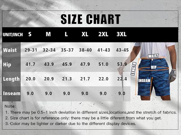 BOJIN Mens Hiking Cargo Shorts with Zipper Pockets Size Chart