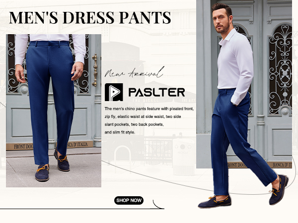 PASLTER Mens Dress Pants Slim Fit Pleated Classic Chino Work Suit Pants Slacks