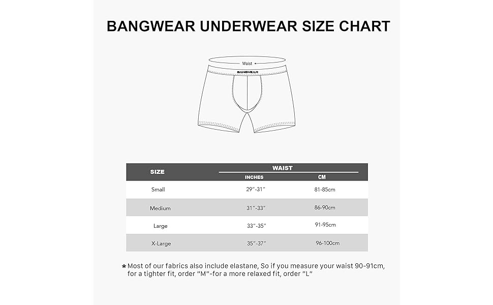 Bangwear Underwear Size Charts