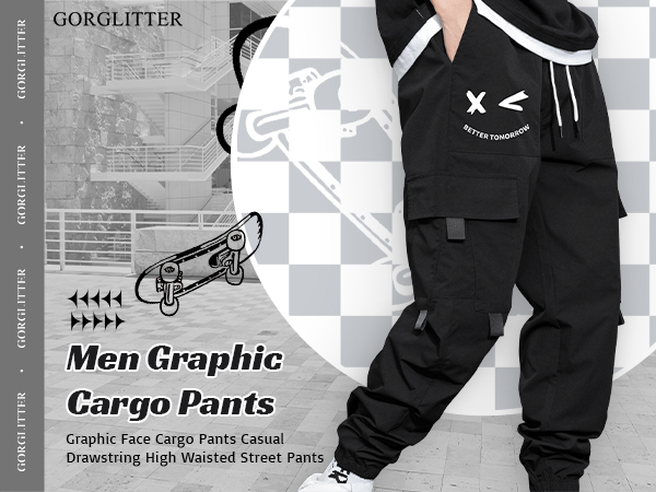 Graphic Cargo Pants Casual Drawstring Multiple Pocket High Waisted Street Pants