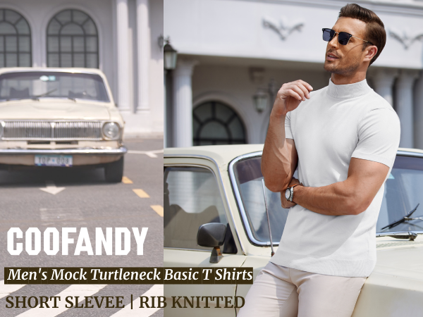 COOFANDY Mens Short Sleeve Mock Turtleneck Knitted Pullover Tees