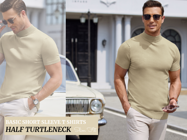 Mens Casual Slim Fit Basic Tops Short Sleeve Shirt Turtleneck T Shirts Rib Knitted Stretch Pullover