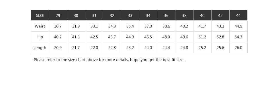 size chart for cargo shorts