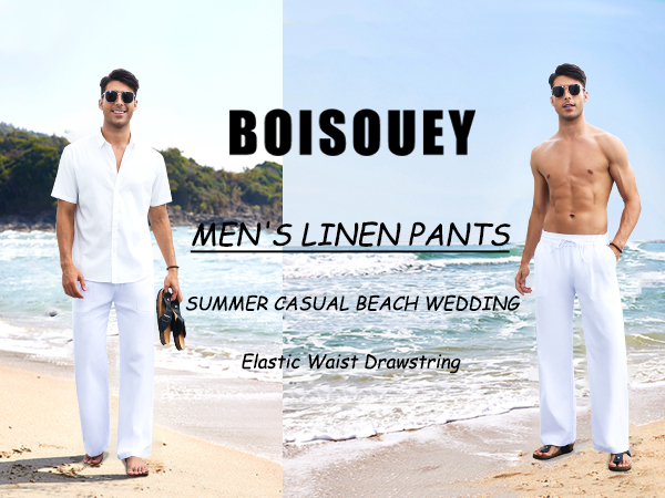 Men''s Drawstring Linen Pants Casual Summer Beach Loose Trousers