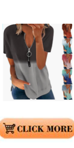 B0CX4WD5QC Women''s Zip Up V Neck Short Sleeve Casual Tunic Shirt Gradient Color Block T-Shirt