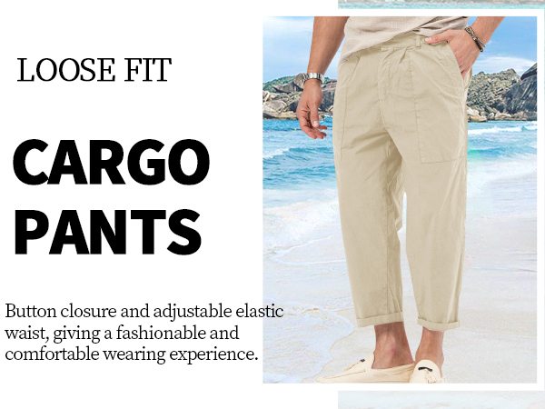 Mens Cotton Pants Cargo Loose Casual Relaxed-Fit Outdoor with Pockets 