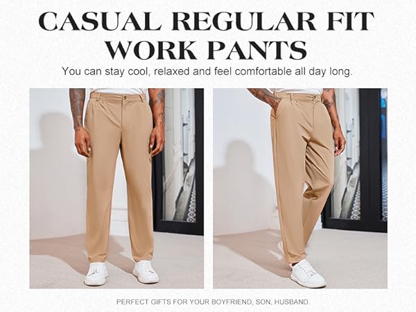 Mens Dress Pants Slim Fit Elastic Waist Flat Front Casual Slacks