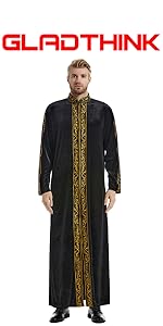 GladThink Muslim Middle East Men Thobe Velvet Embroidered Robe 