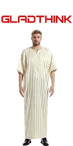 GladThink Muslim Arab Men Thobe Thawb Caftan Short Sleeves Beige 