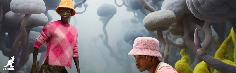 A model in a pink bucket hat and a model in an orange bucket hat.