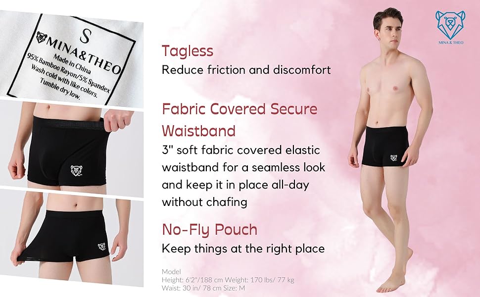 Mina and Theo underwear for men, tagless design, fabric covered secure waistband, and no fly pouch