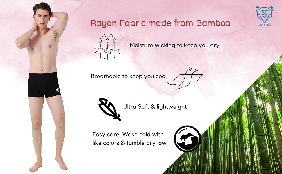 Mina and Theo men underwear made with rayon fabric made from bamboo. Moisture wicking and breathable