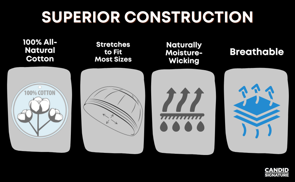 superior construction with 100% cotton, stretches to fit most, moisture-wicking, breathable