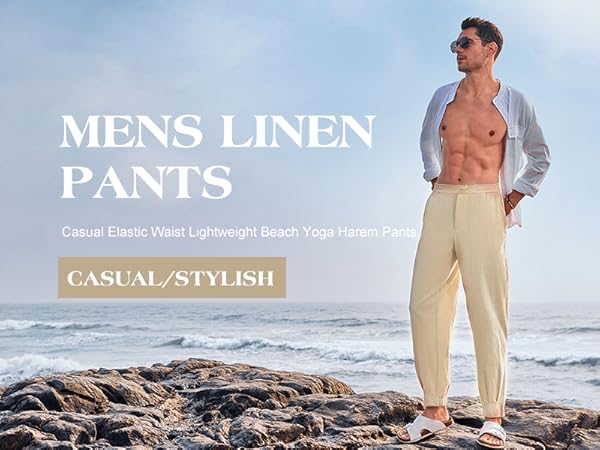 Mens Linen Pants Casual Elastic Waist Lightweight Beach Yoga Harem Pants