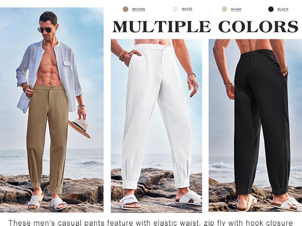 Mens Linen Pants Casual Elastic Waist Lightweight Beach Yoga Harem Pants