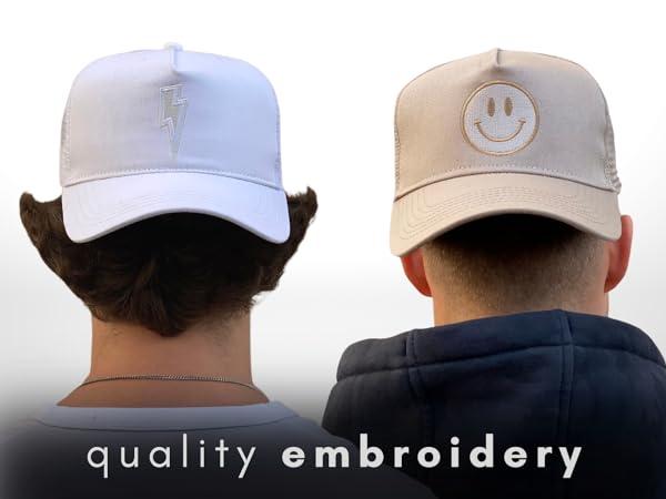 Quality embroidered logos on trucker hats! Black smiley, white lightning, tan smiley trucker hat.