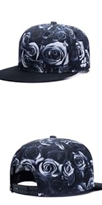 Premium Floral Black White Rose Twill Adjustable Snapback Hat Hip-Hop Flat Peaked Baseball Caps