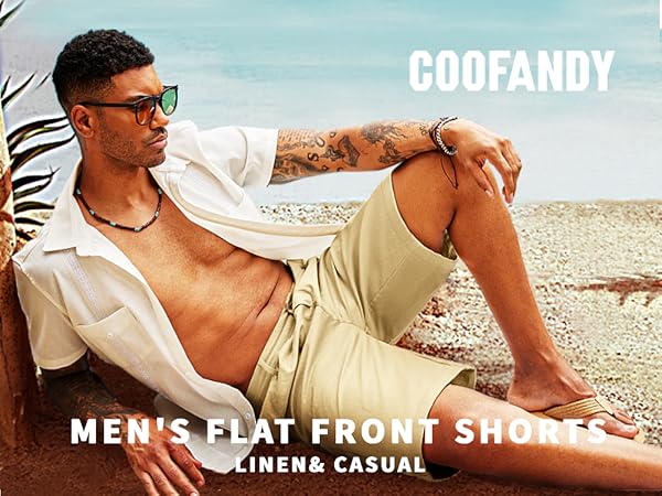 COOFANDY Men''s Flat Front Shorts Elastic Waist Linen Beach Shorts Casual Summer Shorts