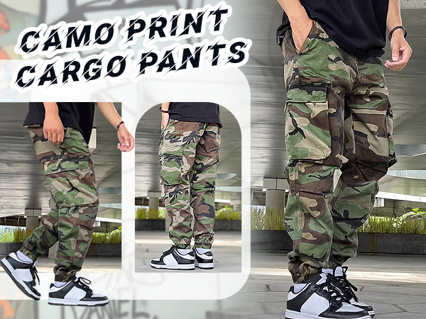 OYOANGLE Men''s Camo Print Drawstring Elastic Waist Jogger Pants FLA Pocket Cargo Pants 