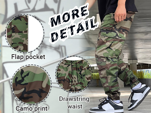 OYOANGLE Men''s Camo Print Drawstring Elastic Waist Jogger Pants FLA Pocket Cargo Pants 