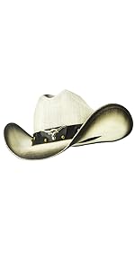 Fluffy Sense. Straw Cattleman Crease Western Cowboy Hat with Longhorn Leather Bands