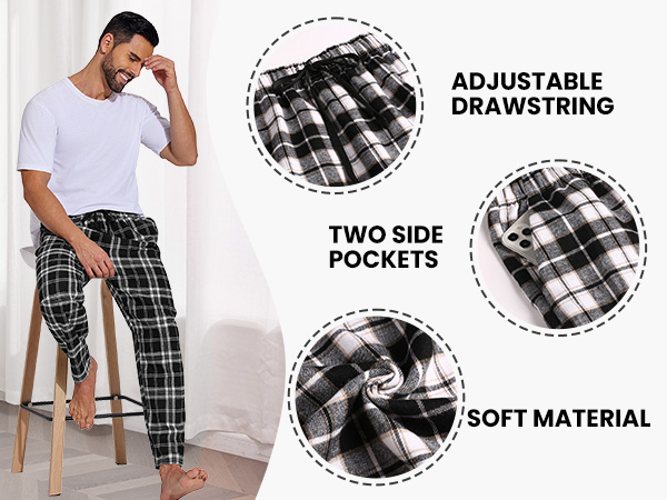 Mens Flannel Pajama Pants Cotton Plaid Lounge Sleep Pants Elastic Waist Casual Pants with Pockets