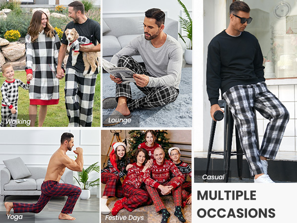 Mens Flannel Pajama Pants Cotton Plaid Lounge Sleep Pants Elastic Waist Casual Pants with Pockets