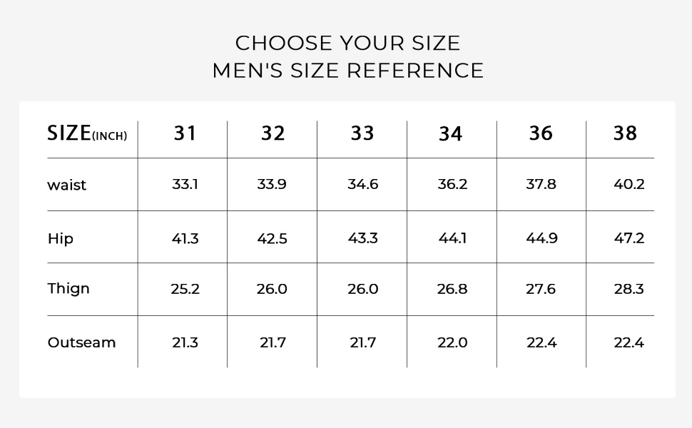 Size chart for Mens shorts