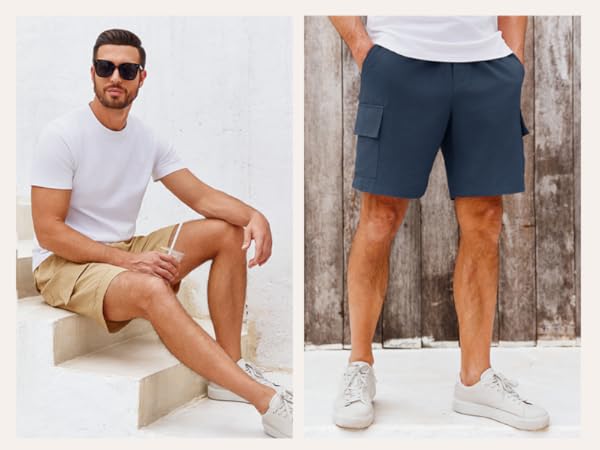 Mens Casual Cargo Shorts Cotton Workout Drawstring Elastic Wasit Summer Beach Shorts