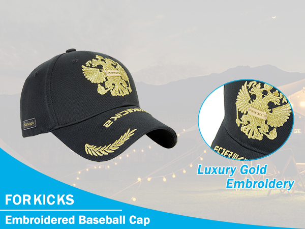 FORKICKS GOLD EMBROIDERED BASEBALL CAP: Gold embroidery brings you royal luxury.